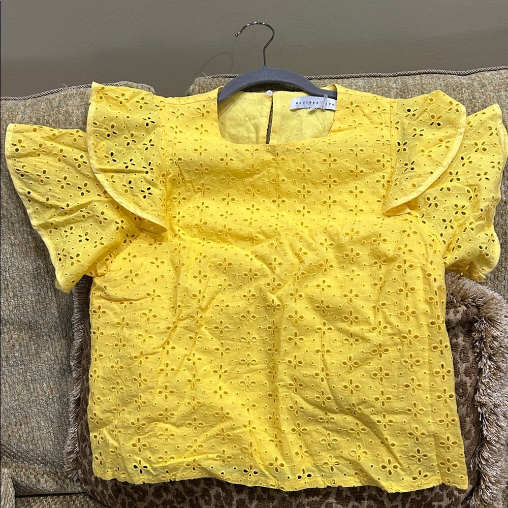 Yellow Eyelet Flutter Sleeve Summer Top-M- NWOT